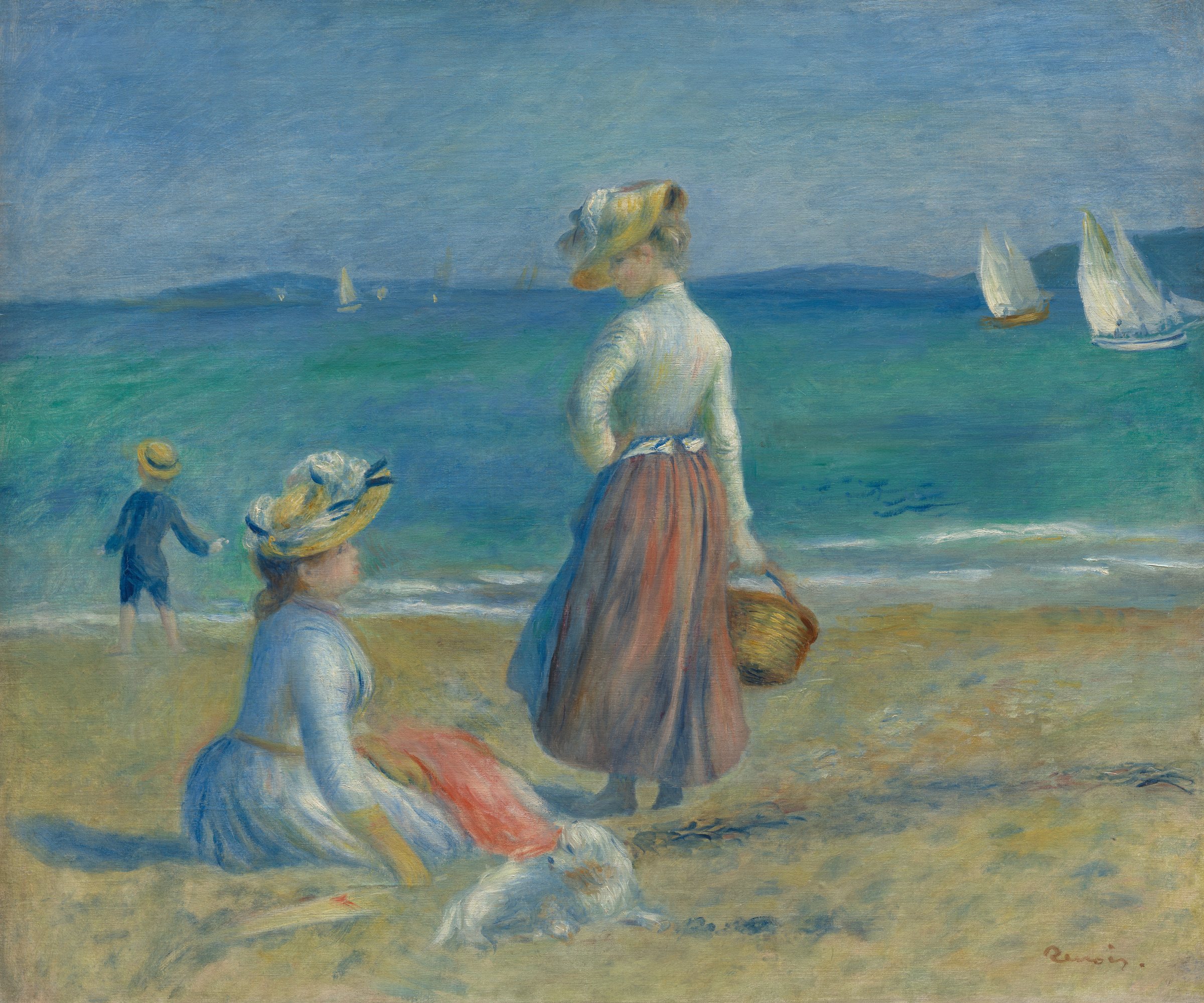 A painting of a bright beach. One woman sits on the sand with a small dog, another stands holding a basket, and white sails cross a blue-green sea.
