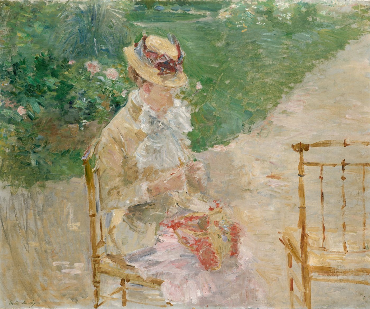 A painting of a woman in a straw hat sitting in a garden, absorbed in her knitting.
