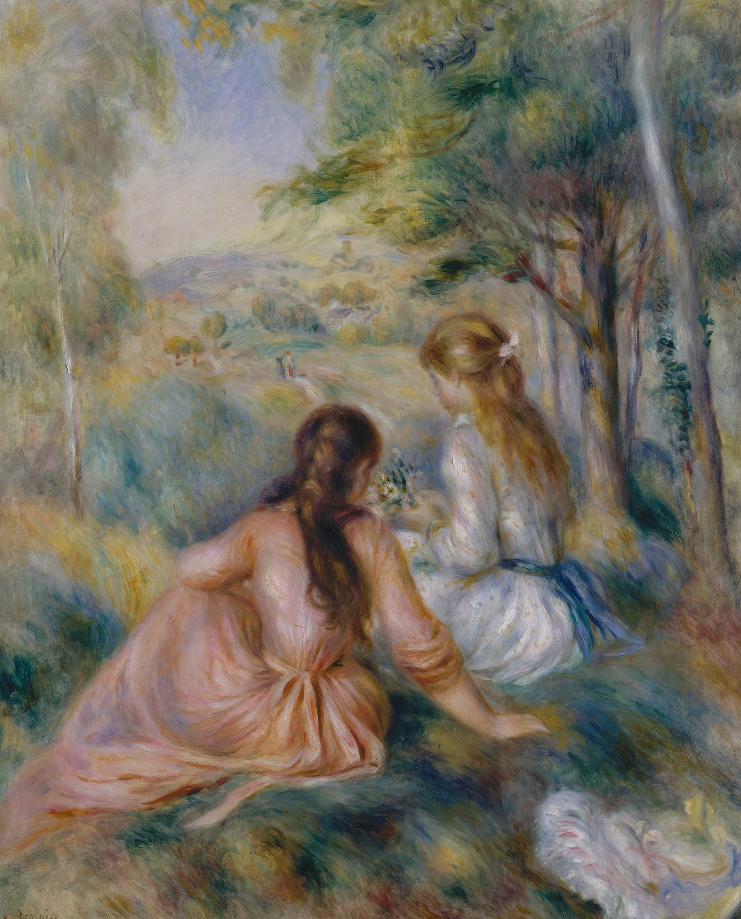 A painting of two friends sitting close together in a sunlit meadow, seen from behind.