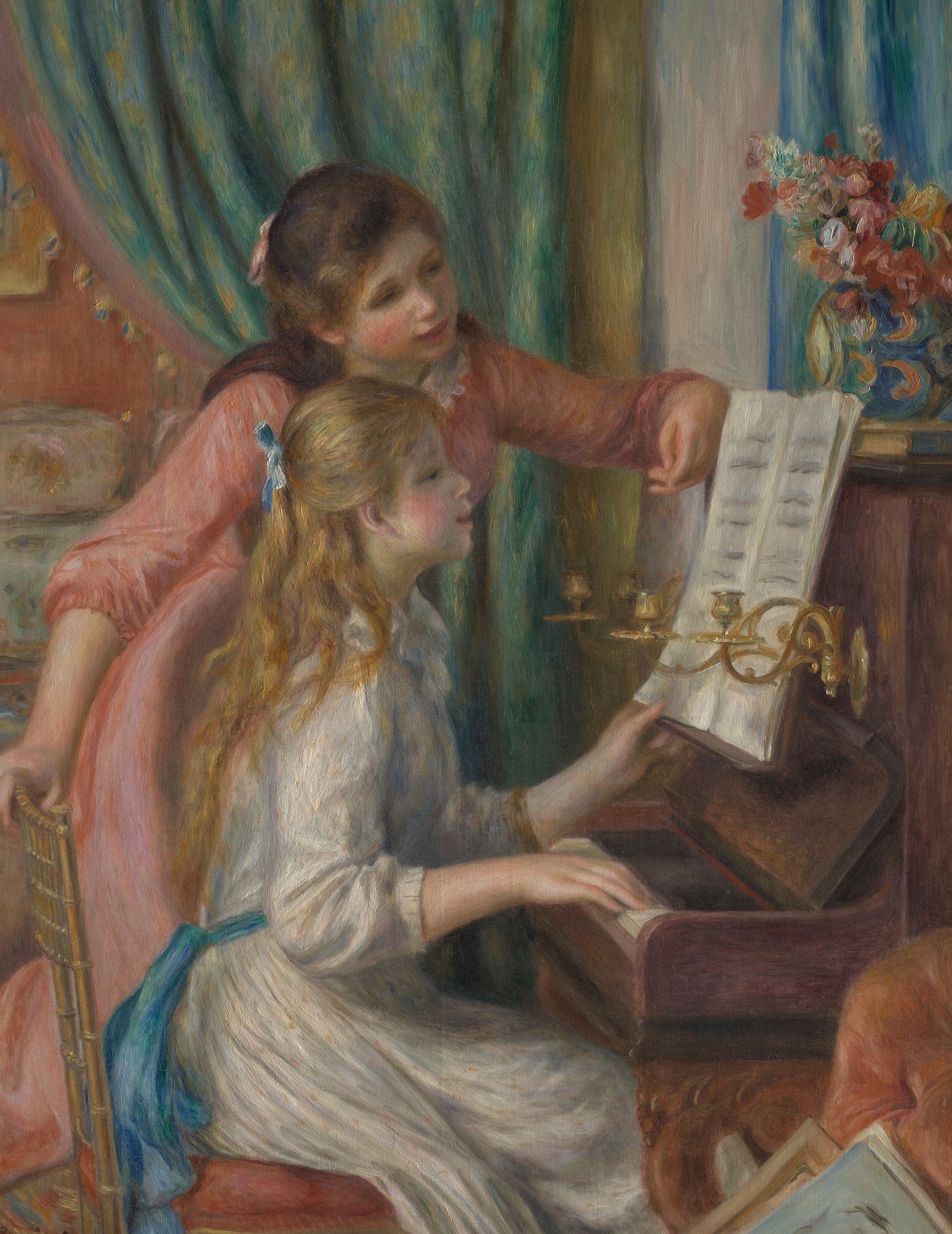 A painting of two girls at a piano, both reading from the same sheet of music.