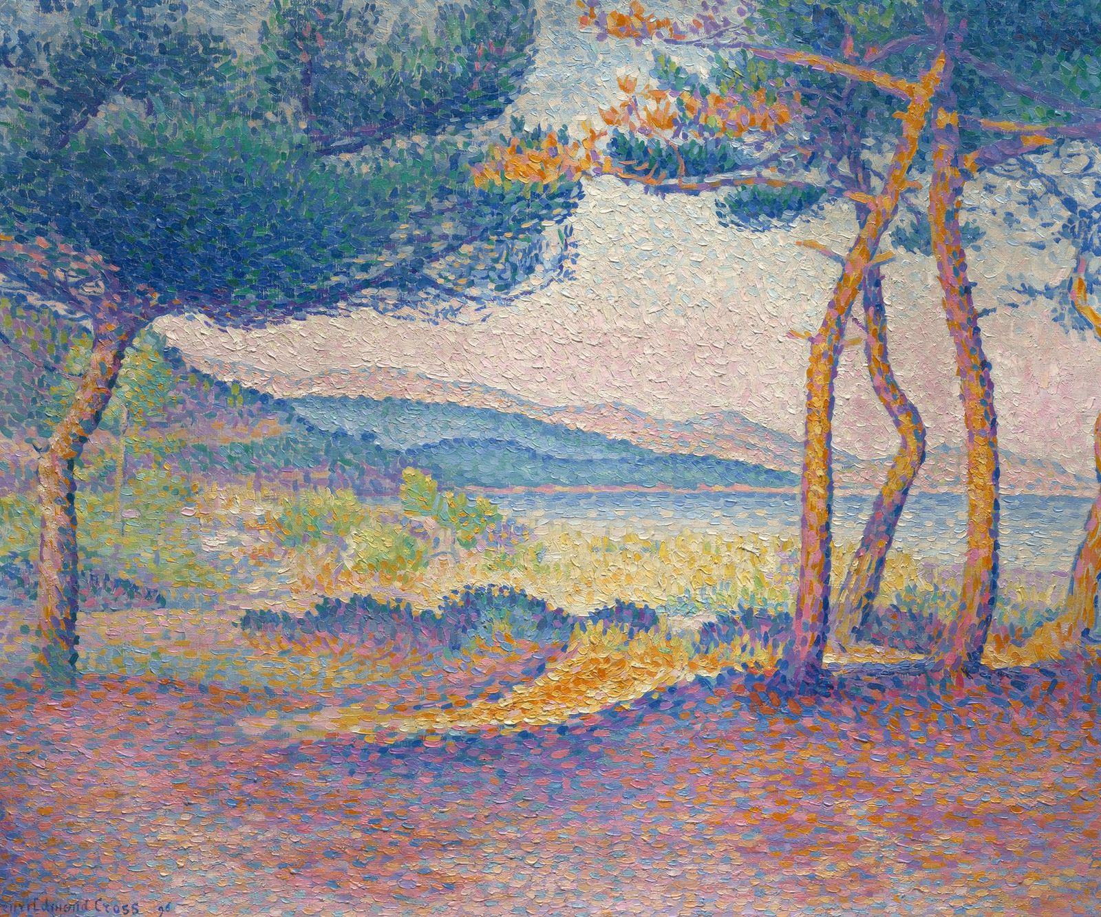 A painting in small dabs of colour: pine trees on a shore, with pink light over the sea and blue hills beyond.